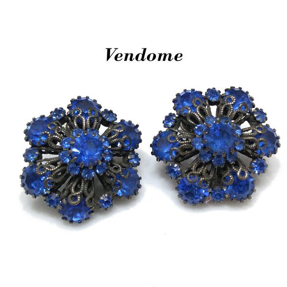 Vendome Blue Rhinestone Floral Clip Earrings, Antiqued Silver Tone, Vintage - Picture 1 of 10